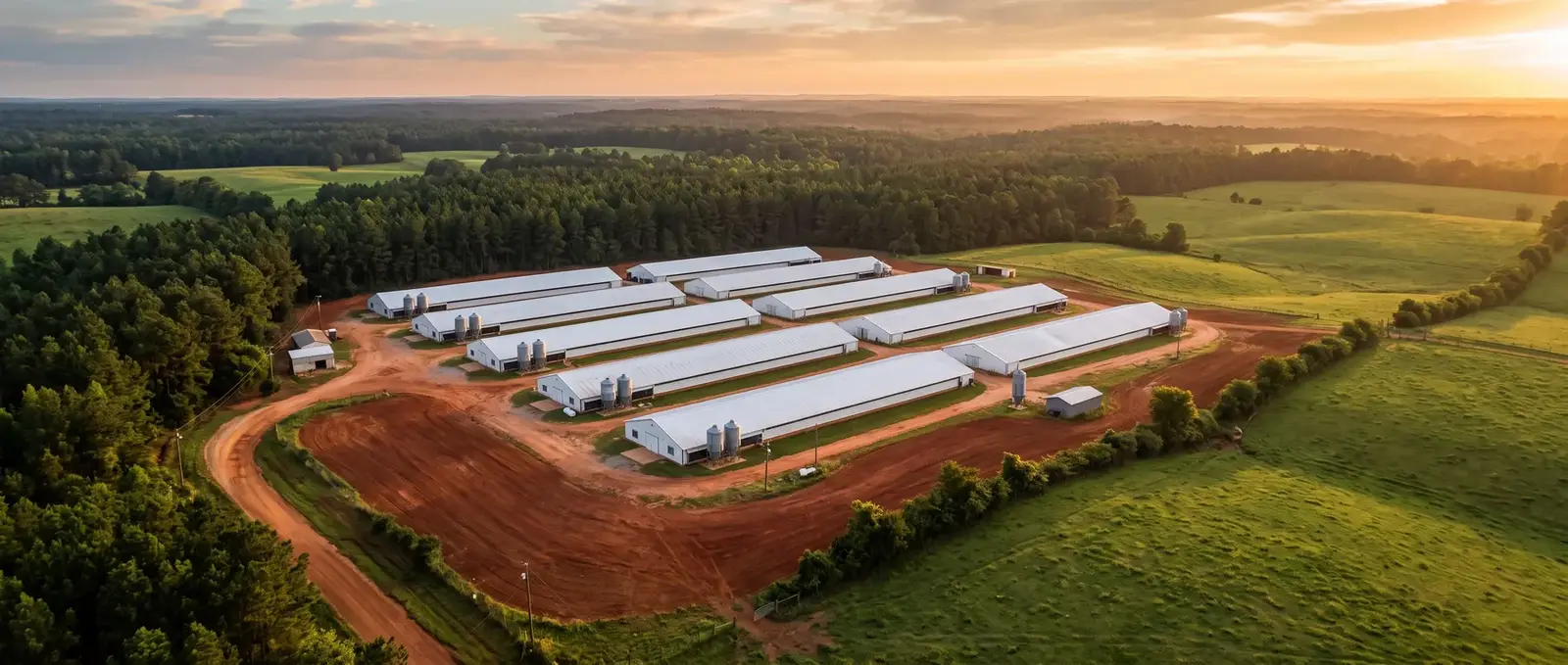 Aerial view of a row of long white poultry houses at sunrise